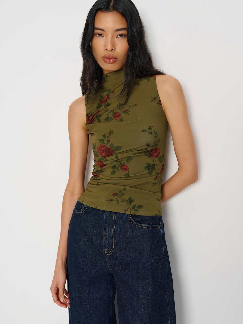 Reformation Olive Green Floral Mock-Neck Tank